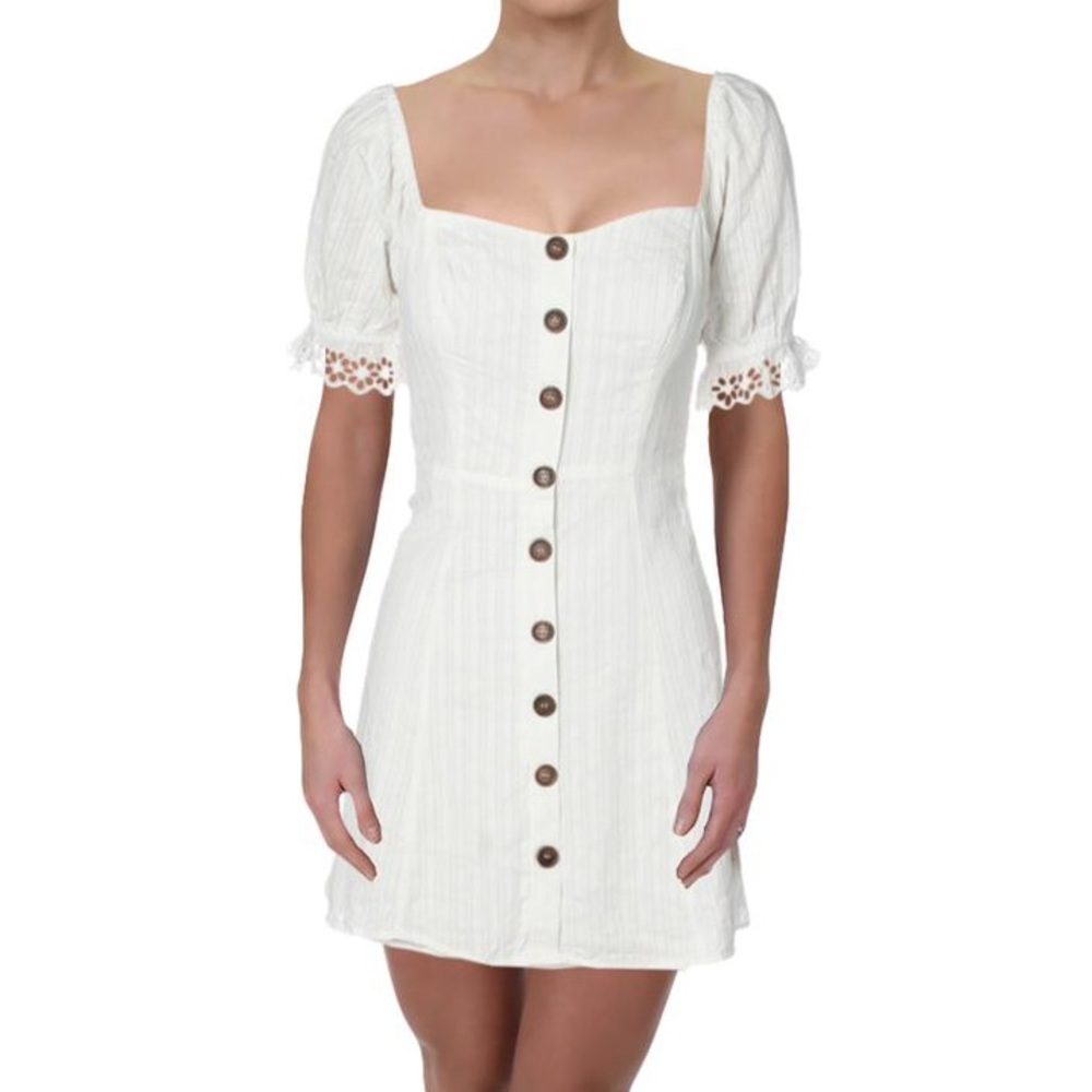 Aqua White Button-Front Puff Sleeve Mini Dress